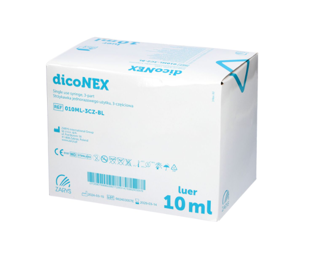 Strzykawka iniekcyjna Diconex typu Luer, 3-cz., sterylna 10 ml, 100 szt. 