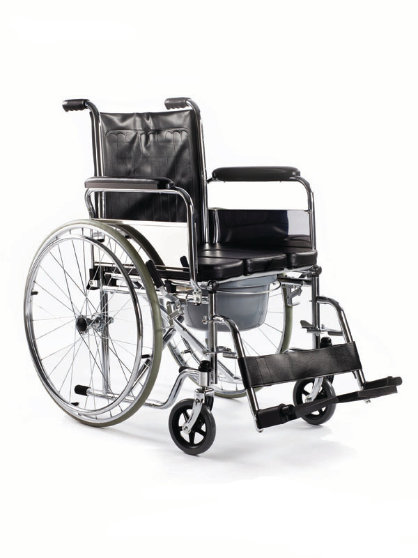 Wózek inwalidzki toaletowy z pełnymi tylnymi kołami i siedzieskiem typu U roz. 45 cm