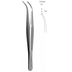 Pinceta mikrochirurgiczna, dł. 110 mm, czubek 1 mm, 1×2 ząbki, odgięta