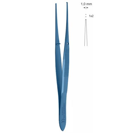 Pinceta do tęczówki prosta tytanowa 10 cm, czubek 1mm 1×2 ząbki