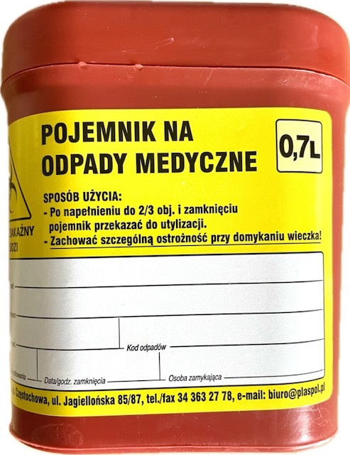 Pojemnik na odpady medyczne 0,7L płaski, czerwony