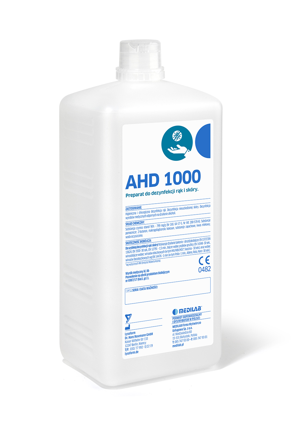 AHD 1000 - alkoholowy płyn do higienicznej i chirurgicznej dezynfekcji rąk i skóry, 1L