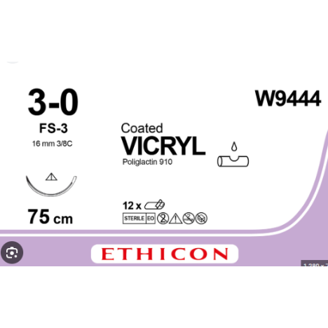 Szew chirurgiczny VICRYL 3/0, 75 CM, fioletowy, 3/8 koła, igła konwen.