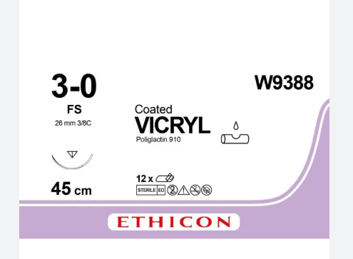 Szew Vicryl, 3/0 ; 3/8 koła ; igła odw. tnąca 26mm ; 45cm ; op. 12 szt.