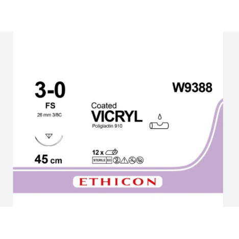 Szew Vicryl, 3/0 ; 3/8 koła ; igła odw. tnąca 26mm ; 45cm ; op. 12 szt.