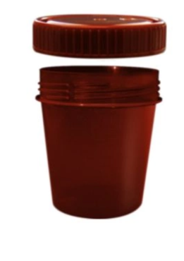 Pojemnik na mocz, brązowy z PP na próbki – z zakrętką z HDPE, 100 ml-  opak. 50szt.