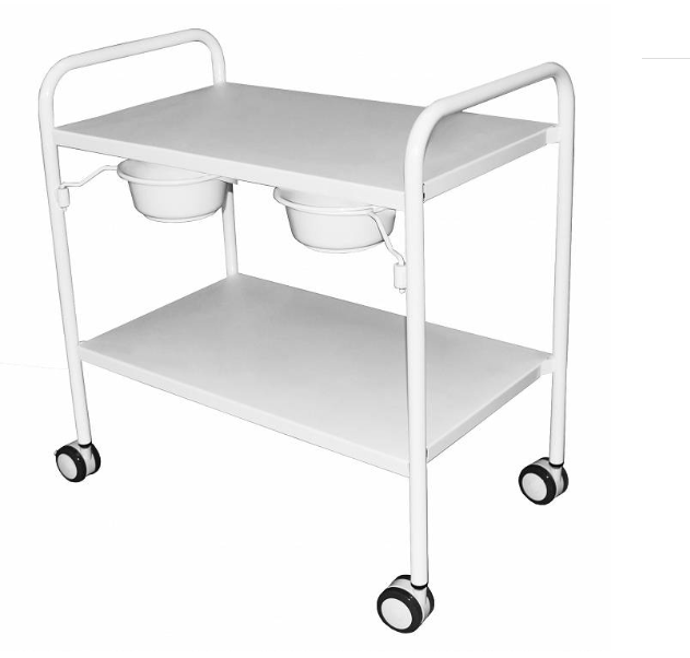 Stolik zabiegowy z plastikowymi miskami