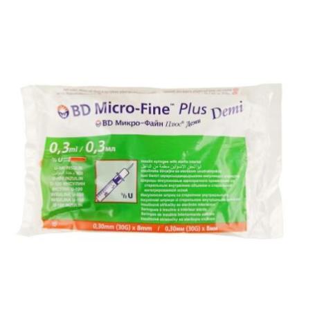 BD MICRO-FINE PLUS DEMI strzykawki insulinowe 0,3 ml U100 z igłą 0,3x8, op,. 100 szt 