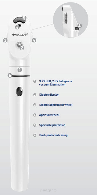 Oftalmoskop e-scope, LED kolor biały